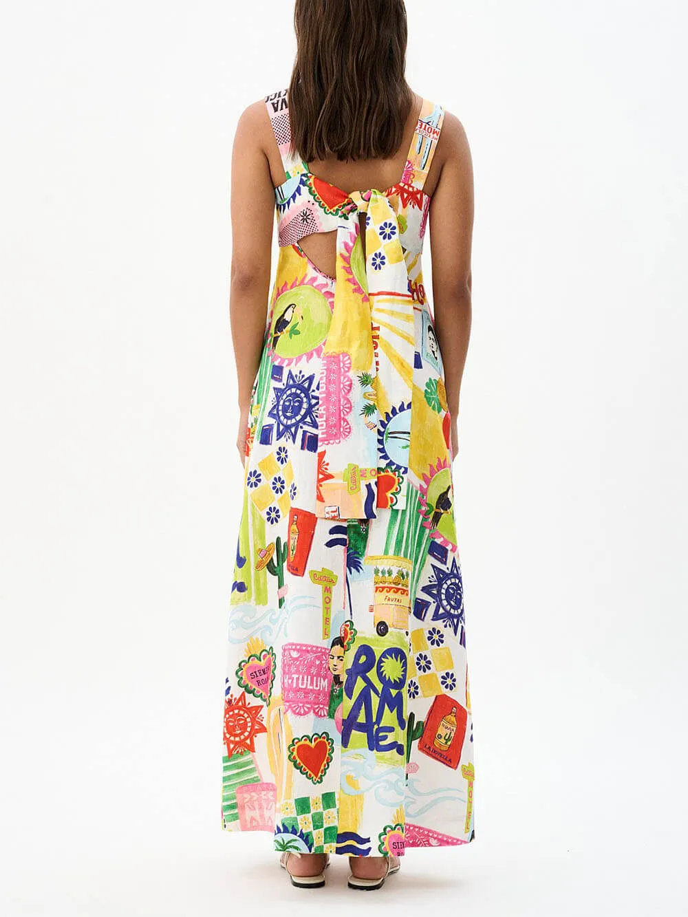 Unique Tie Back Closure Graphic Print Loose Holiday Maxi Dress