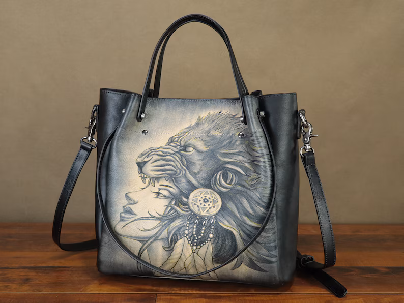 Genuine Leather Handbag Satchel for Women Hand Painted Shoulder Bag Handmade Work Tote Casual Crossbody Purse Personalization Purse