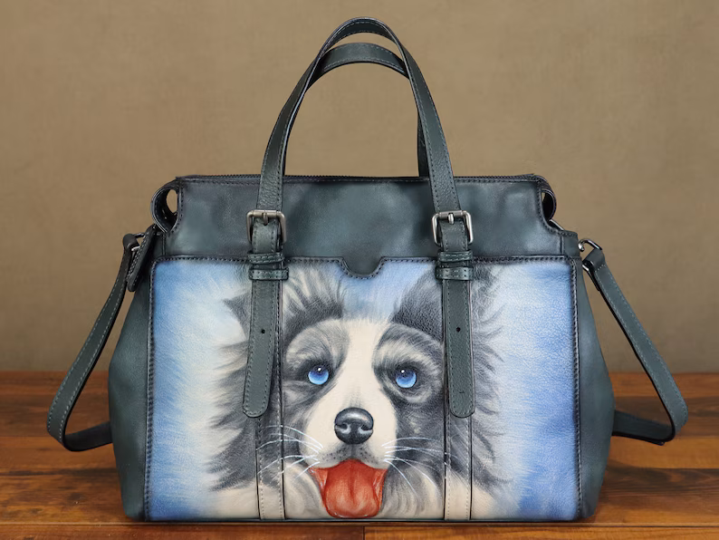 Genuine Leather Shoulder Bag Tote Bag for Women Hand Painted Dog Animal Personalized Custom Pattern Handmade Crossbody Handbag Satchel Purse