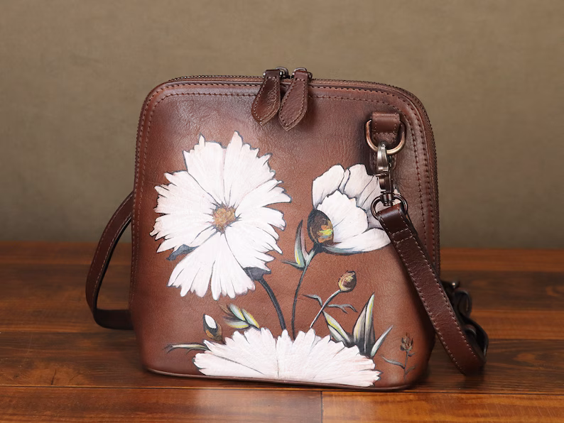 Genuine Leather Crossbody Bag for Women Vintage Hand Painted Style Handmade Satchels Small Purses Personalization Satchel Handbag