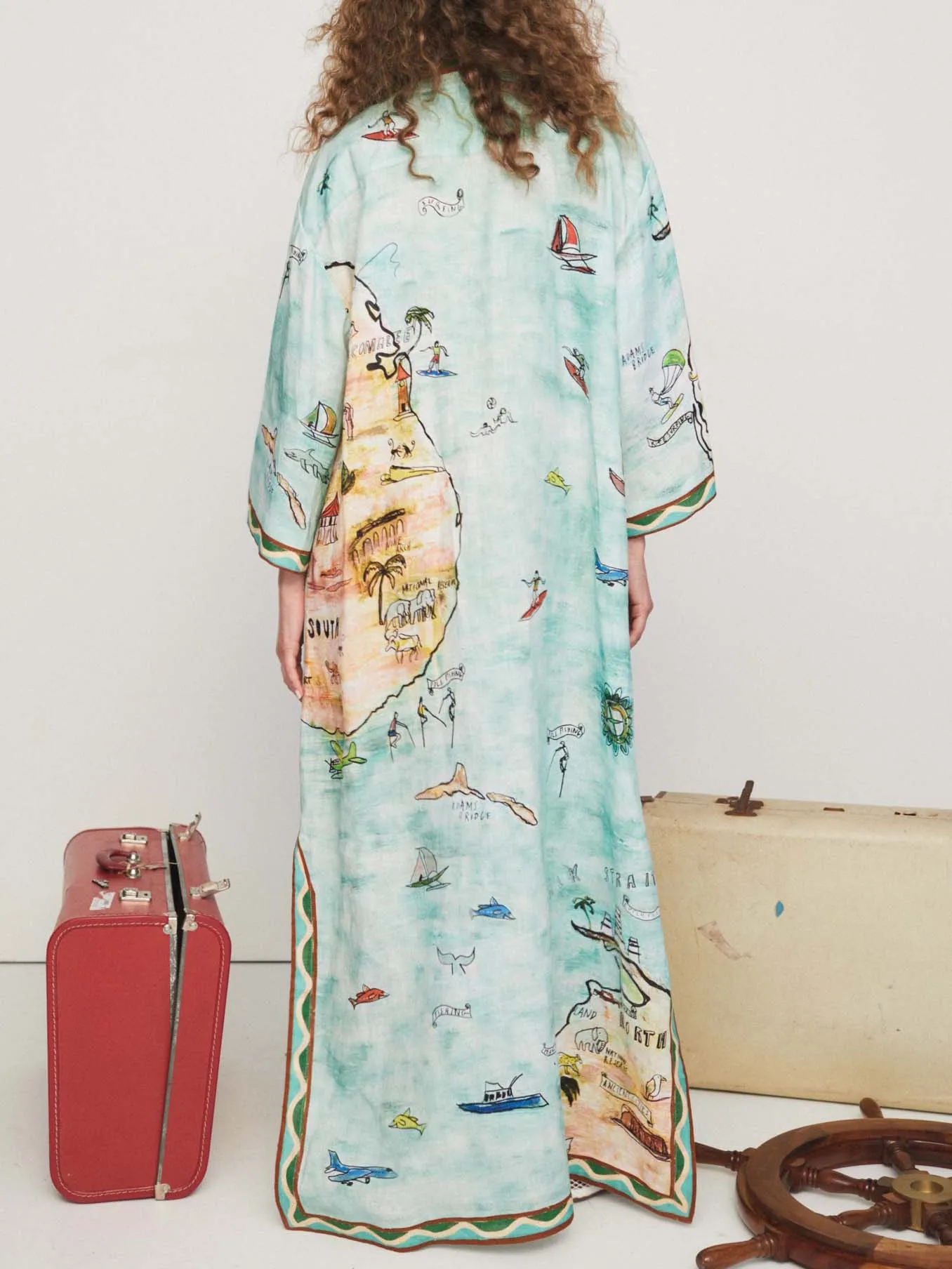 Modern Satin Art Island Print Slit Maxi Dress