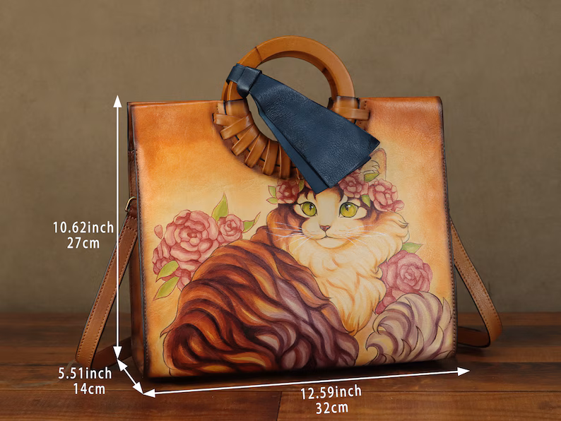 Genuine Leather Handbag for Women Hand Painted Cat Animal Personalized Custom Pattern Handmade Tote Bag Crossbody Shoulder Bag Satchel Purse