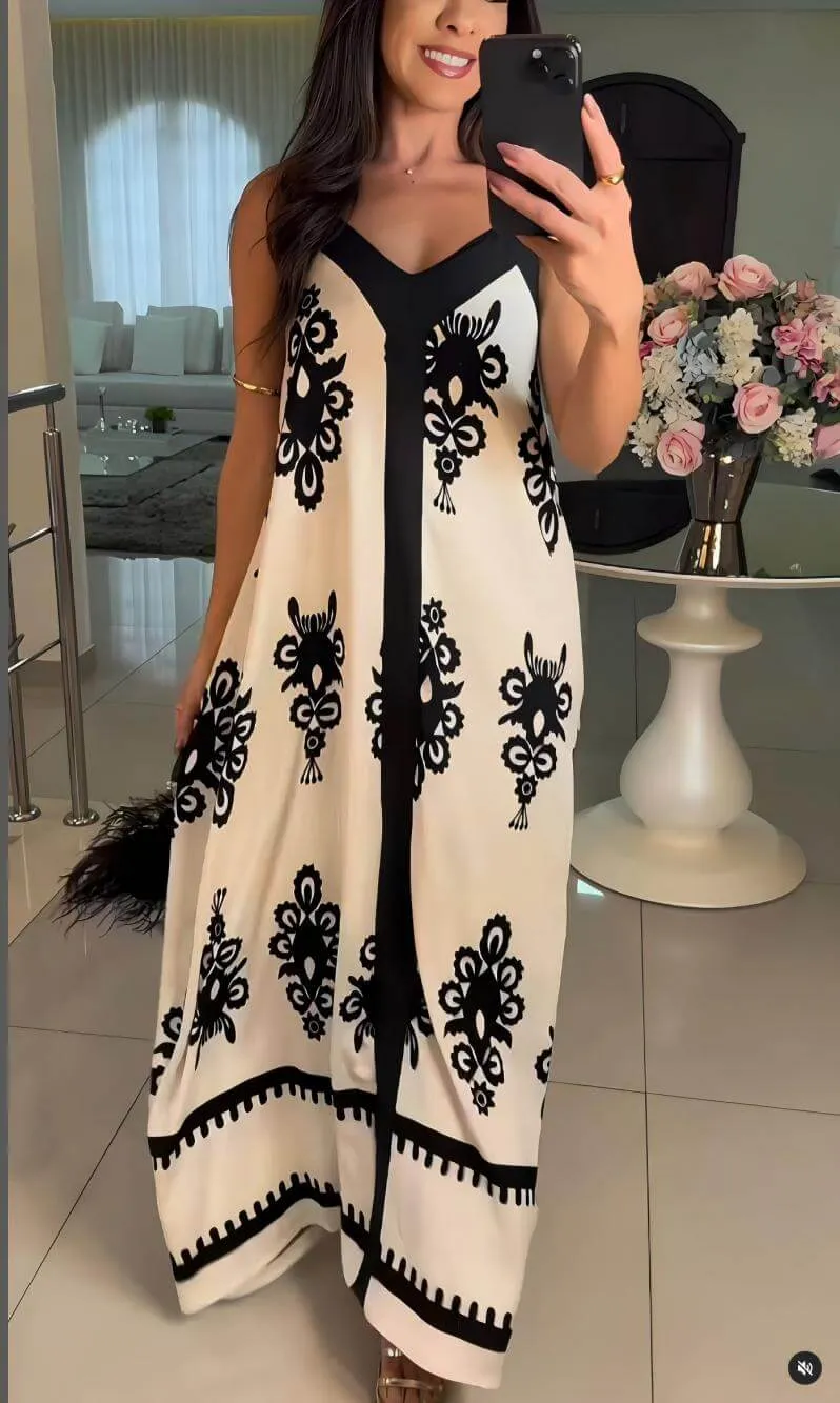 Elegant Ethnic Pattern Print Patchwork Loose Maxi Dress
