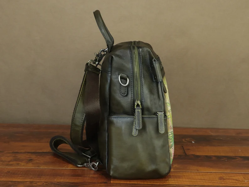 Genuine Leather Backpack Purse for Women Hand Painted Vintage Daypack Knapsack Handmade Rucksack Convertible Shoulder Bag Personalization