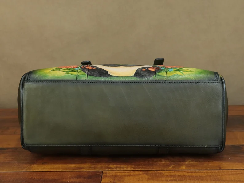 Genuine Leather Shoulder Bag Tote Bag for Women Hand Painted Panda Personalized Custom Pattern Handmade Crossbody Handbag Satchel Purse