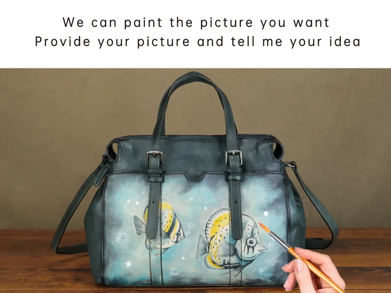 Genuine Leather Shoulder Bag Tote Bag for Women Hand Painted Fish Personalized Custom Pattern Handmade Crossbody Handbag Satchel Purse