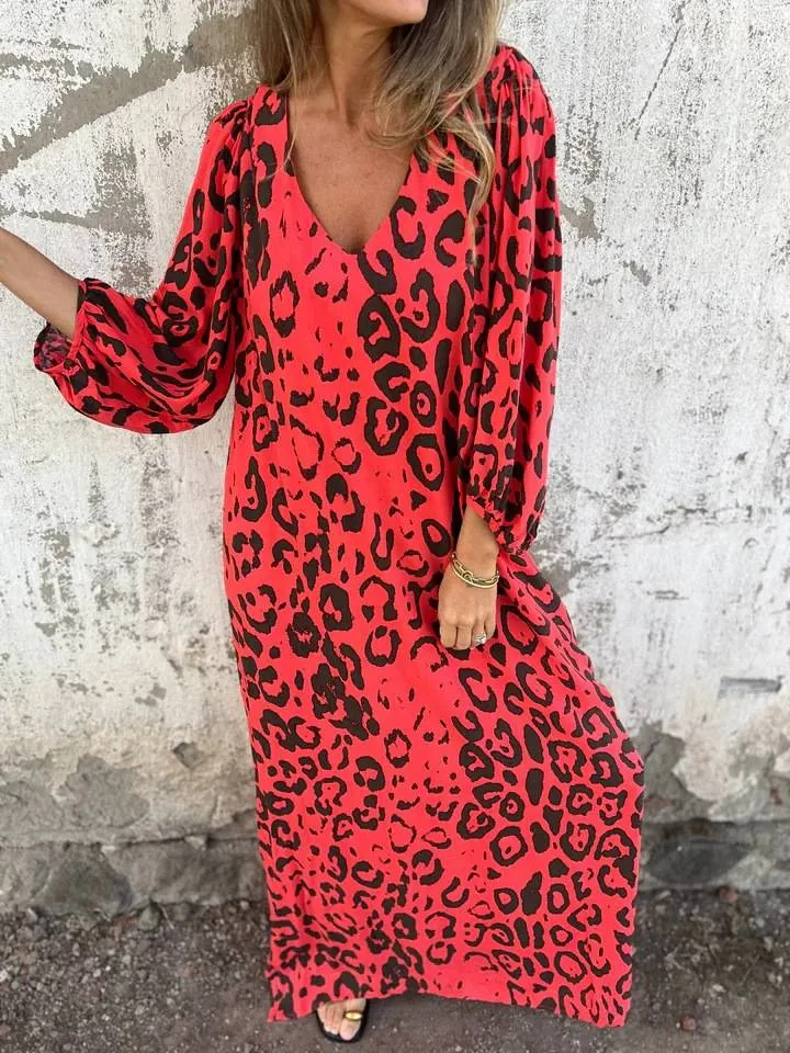 Leopard Print V-neck Pullover Long-sleeved Loose Dress