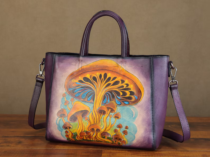 Genuine Leather Handbag for Women Vintage Handmade Hand Painted Mushroom Personalized Custom Pattern Crossbody Shoulder Bag Satchel Purse