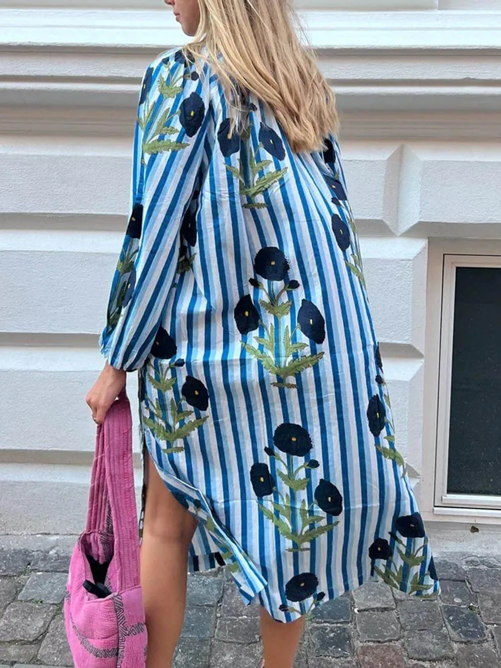 Classic Stripe Floral Print Casual Swing Dress