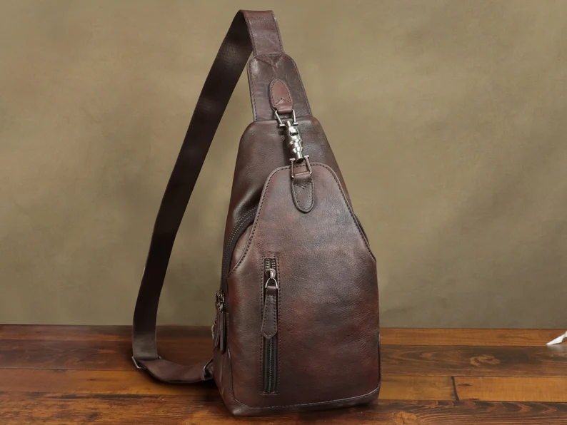Genuine Leather Sling Bag for Men and Women Vintage Handmade Chest Bag Crossbody Bag Fashion  Shoulder Bag Sling Backpack Purses for Gifts