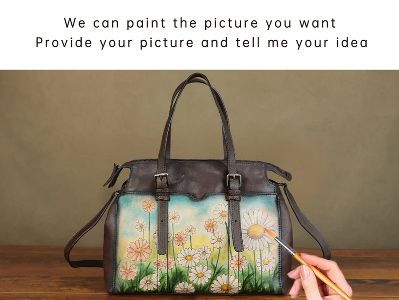 Genuine Leather Tote Bag Shoulder Bag for Women Hand Painted Flower Personalized Custom Pattern Crossbody Bag Handbag Satchel Purse Gifts
