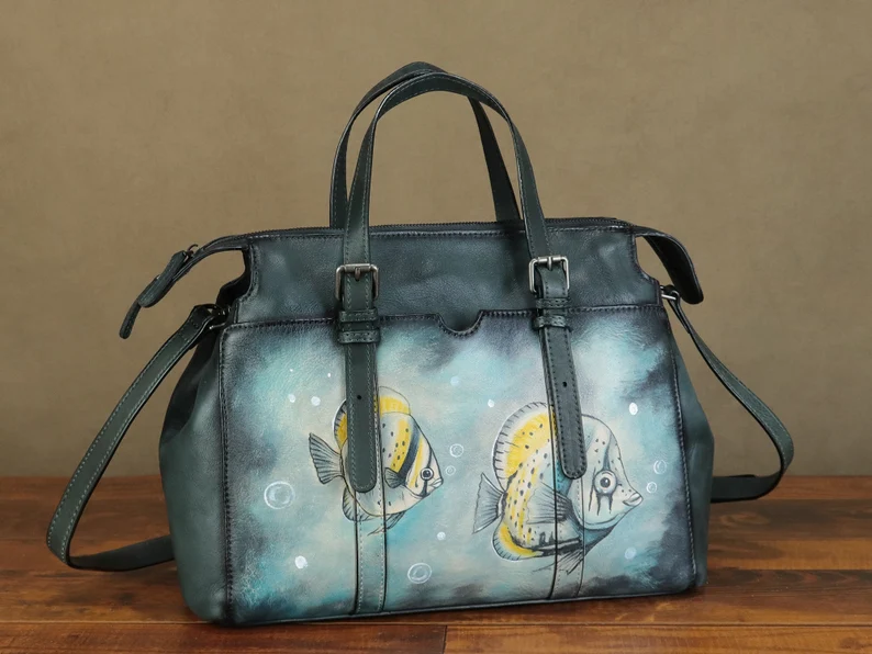 Genuine Leather Shoulder Bag Tote Bag for Women Hand Painted Fish Personalized Custom Pattern Handmade Crossbody Handbag Satchel Purse