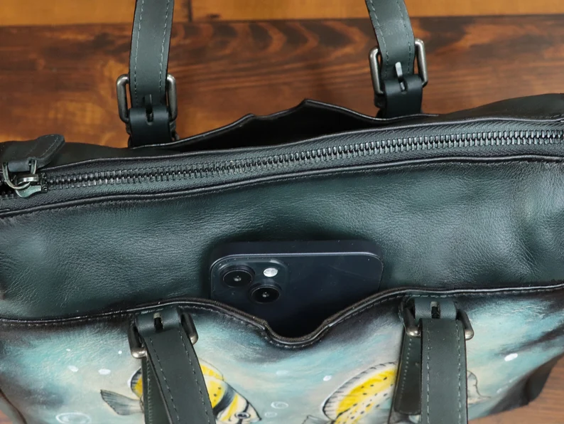 Genuine Leather Shoulder Bag Tote Bag for Women Hand Painted Fish Personalized Custom Pattern Handmade Crossbody Handbag Satchel Purse