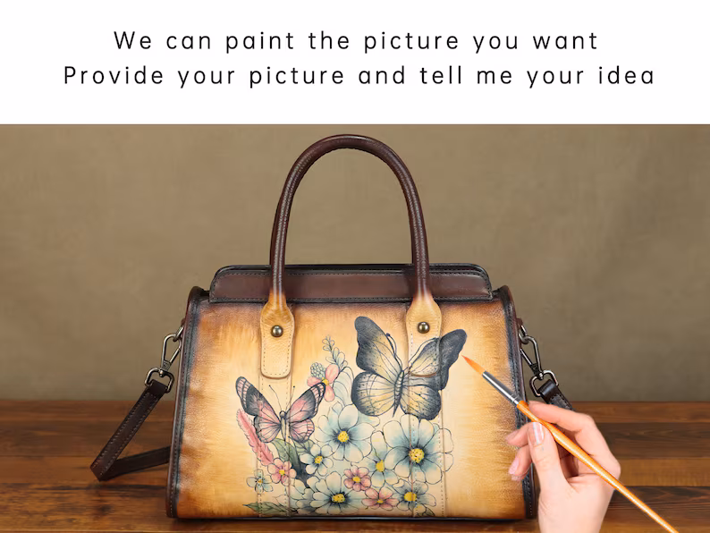 Genuine Leather Shoulder Bag Handbags for Women Hand Painted Butterfly Personalized Custom Pattern Fashion Crossbody Bag Art Satchel Purse