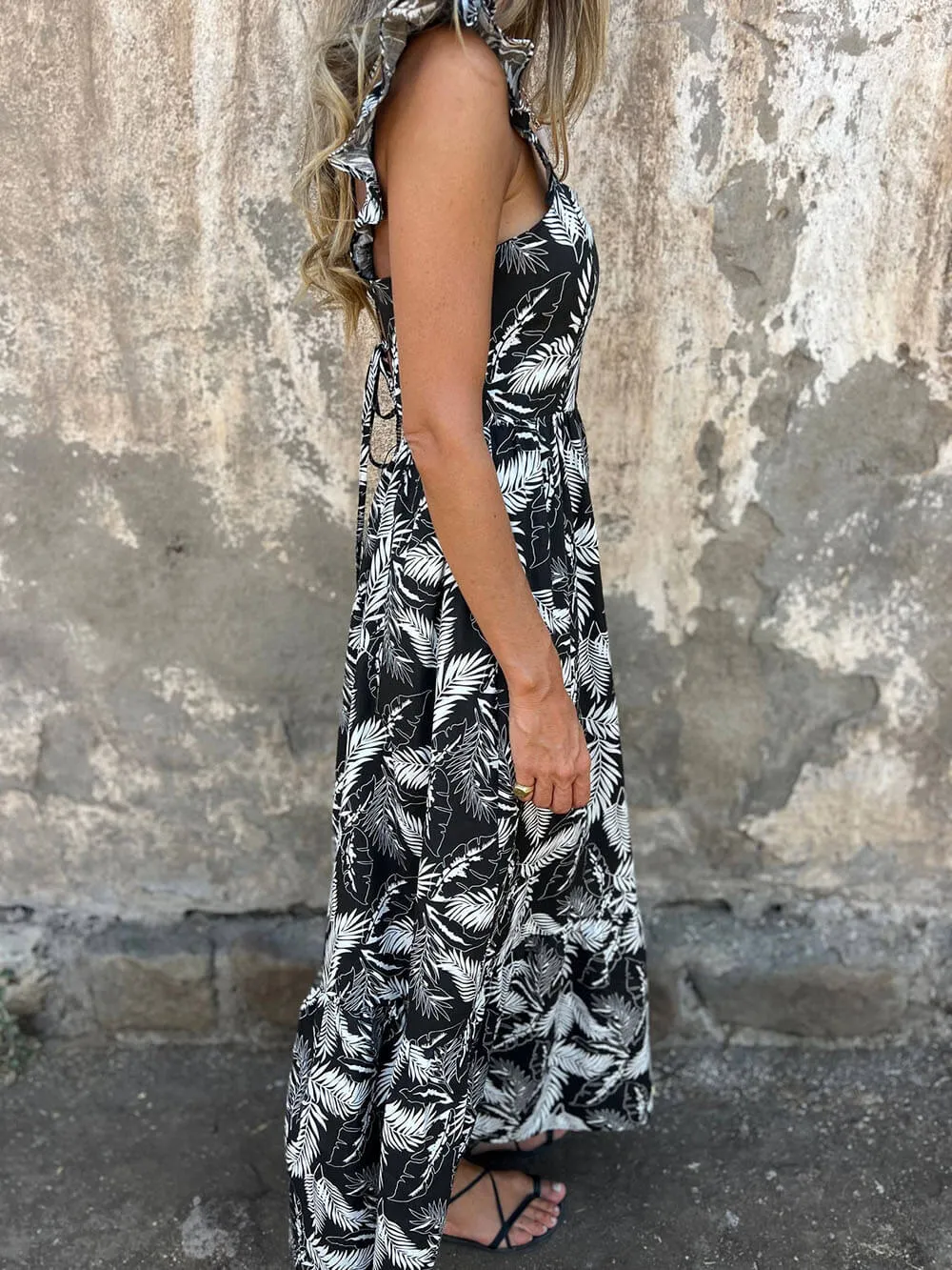 Elegant Hollow Tie Feather Print Ruffle Sleeve Maxi Dress