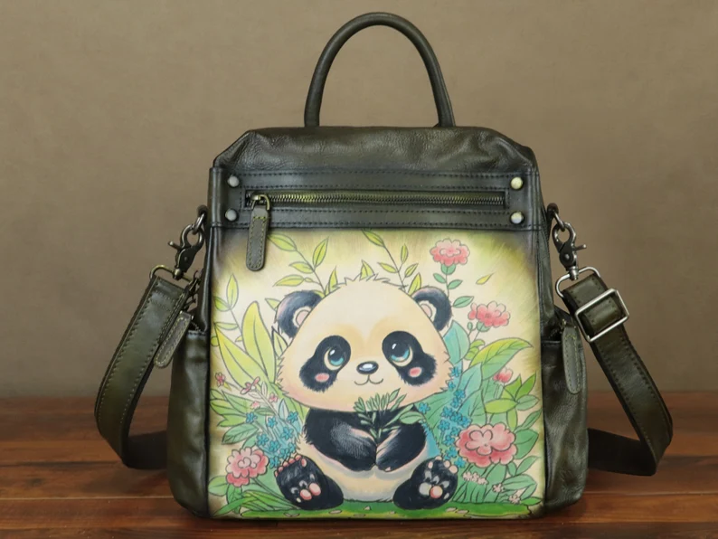 Genuine Leather Backpack Purse for Women Hand Painted Vintage Daypack Knapsack Handmade Rucksack Convertible Shoulder Bag Personalization