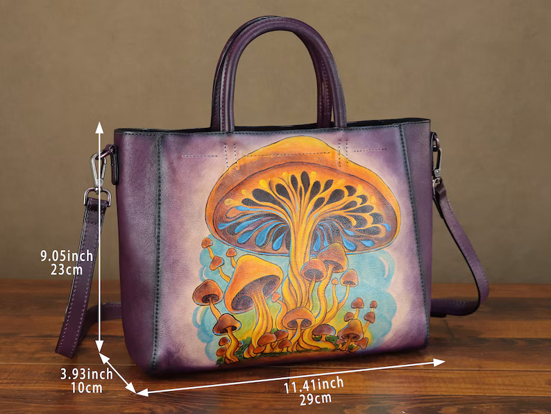 Genuine Leather Handbag for Women Vintage Handmade Hand Painted Mushroom Personalized Custom Pattern Crossbody Shoulder Bag Satchel Purse
