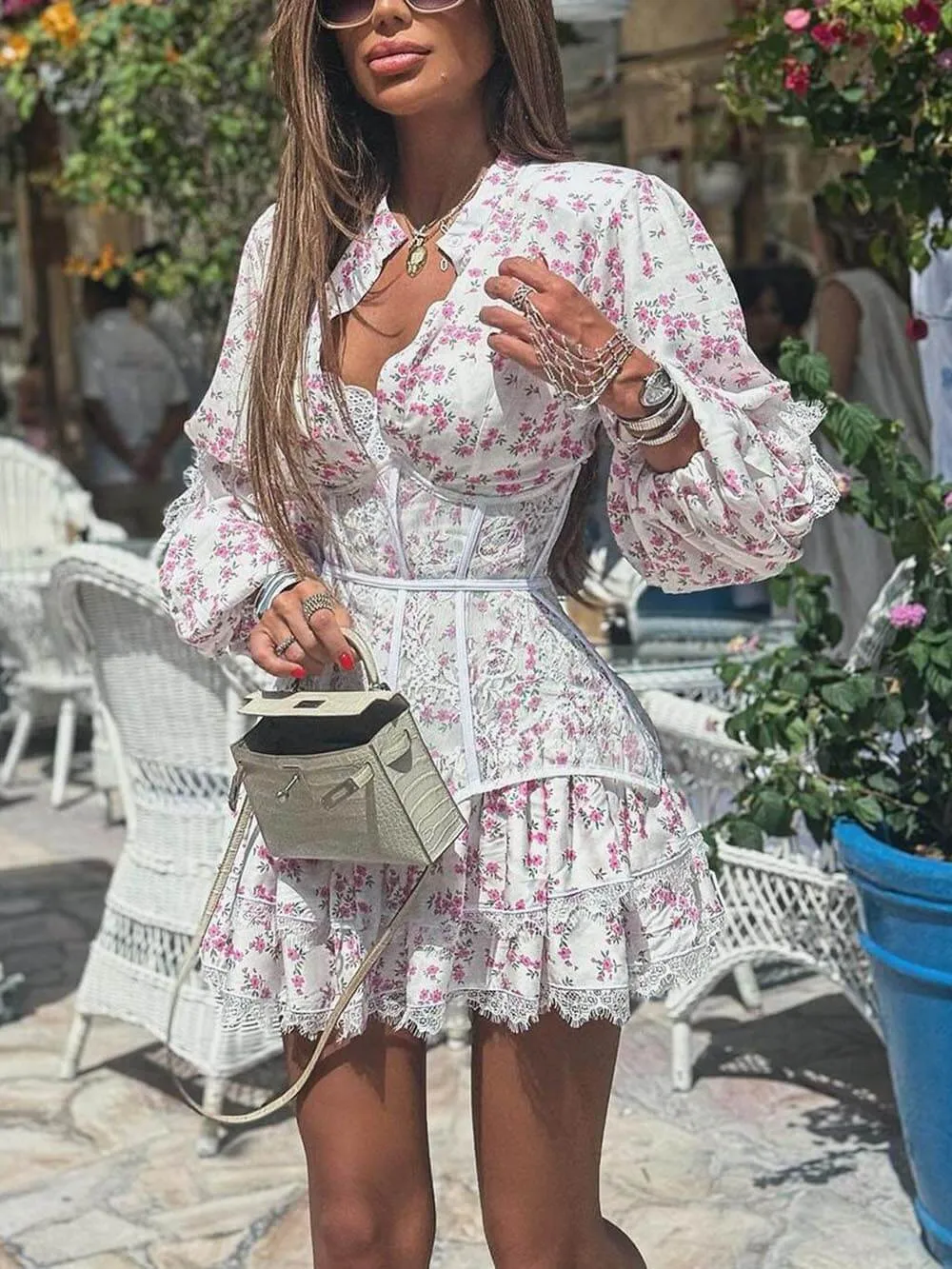 Sweet Floral Print Waisted Long Sleeve Lace Mini Dress