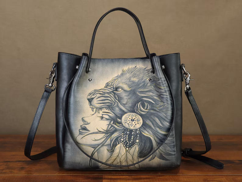 Genuine Leather Handbag Satchel for Women Hand Painted Shoulder Bag Handmade Work Tote Casual Crossbody Purse Personalization Purse