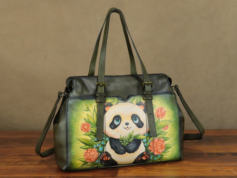 Genuine Leather Shoulder Bag Tote Bag for Women Hand Painted Panda Personalized Custom Pattern Handmade Crossbody Handbag Satchel Purse