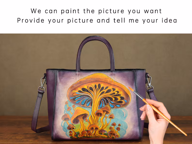 Genuine Leather Handbag for Women Vintage Handmade Hand Painted Mushroom Personalized Custom Pattern Crossbody Shoulder Bag Satchel Purse