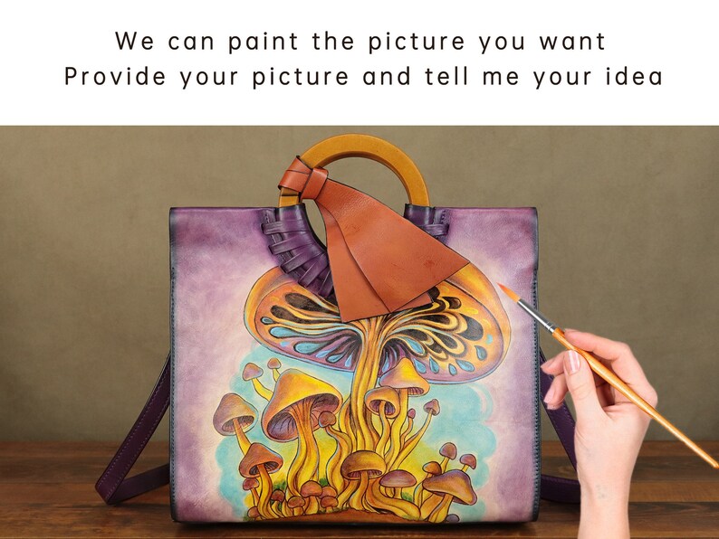 Genuine Leather Handbag for Women Hand Painted Mushroom Personalized Custom Pattern Handmade Tote Bag Crossbody Shoulder Bag Satchel Purse