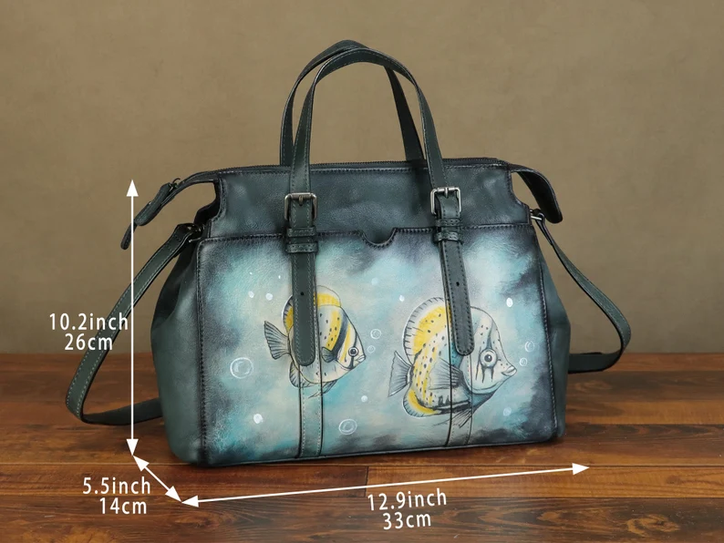 Genuine Leather Shoulder Bag Tote Bag for Women Hand Painted Fish Personalized Custom Pattern Handmade Crossbody Handbag Satchel Purse