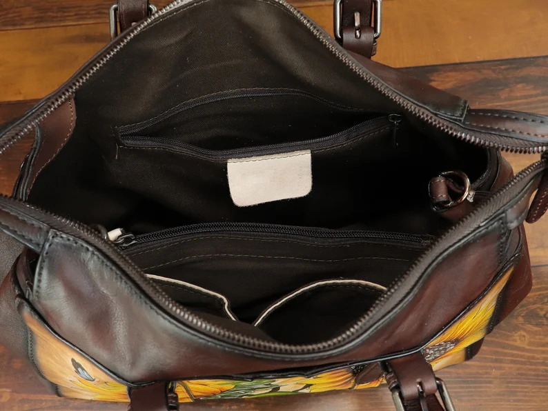 Genuine Leather Tote Bag Shoulder Bag for Women Hand Painted Flower Personalized Custom Pattern Crossbody Bag Handbag Satchel Purse Gifts