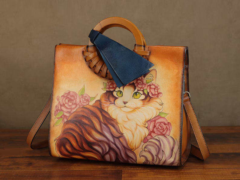 Genuine Leather Handbag for Women Hand Painted Cat Animal Personalized Custom Pattern Handmade Tote Bag Crossbody Shoulder Bag Satchel Purse