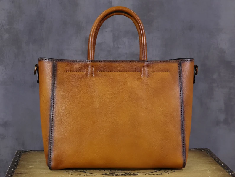Genuine Leather Top Handle Handbag for Women Retro Satchel Vintage Handmade Crossbody Handbags Shoulder Purse Personalization Gift Work Tote