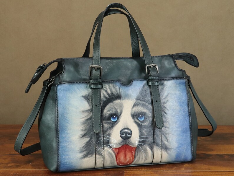 Genuine Leather Shoulder Bag Tote Bag for Women Hand Painted Dog Animal Personalized Custom Pattern Handmade Crossbody Handbag Satchel Purse