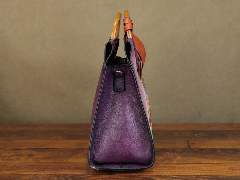 Genuine Leather Handbag for Women Hand Painted Mushroom Personalized Custom Pattern Handmade Tote Bag Crossbody Shoulder Bag Satchel Purse