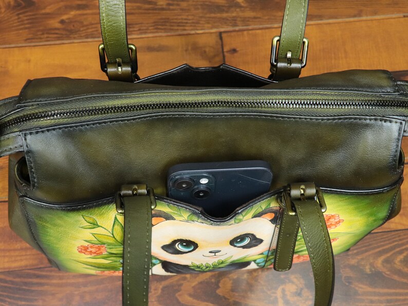Genuine Leather Shoulder Bag Tote Bag for Women Hand Painted Panda Personalized Custom Pattern Handmade Crossbody Handbag Satchel Purse