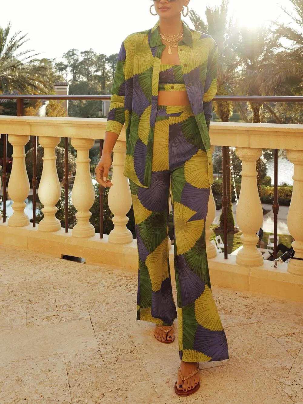 Retro Island Lover Yin Lotus Palm Print Loose Shirt