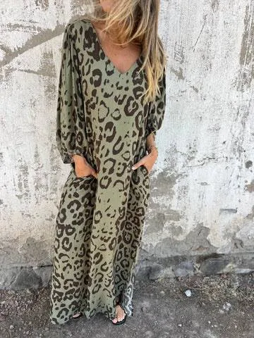 Leopard Print V-neck Pullover Long-sleeved Loose Dress