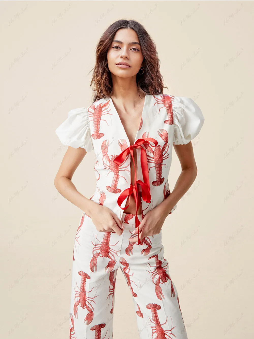 Lobster Print Short Puffed Sleeves Blouse