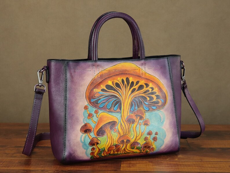 Genuine Leather Handbag for Women Vintage Handmade Hand Painted Mushroom Personalized Custom Pattern Crossbody Shoulder Bag Satchel Purse