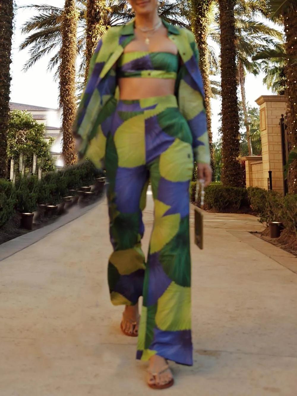 Retro Island Lover Yin Lotus Palm Print Loose Shirt