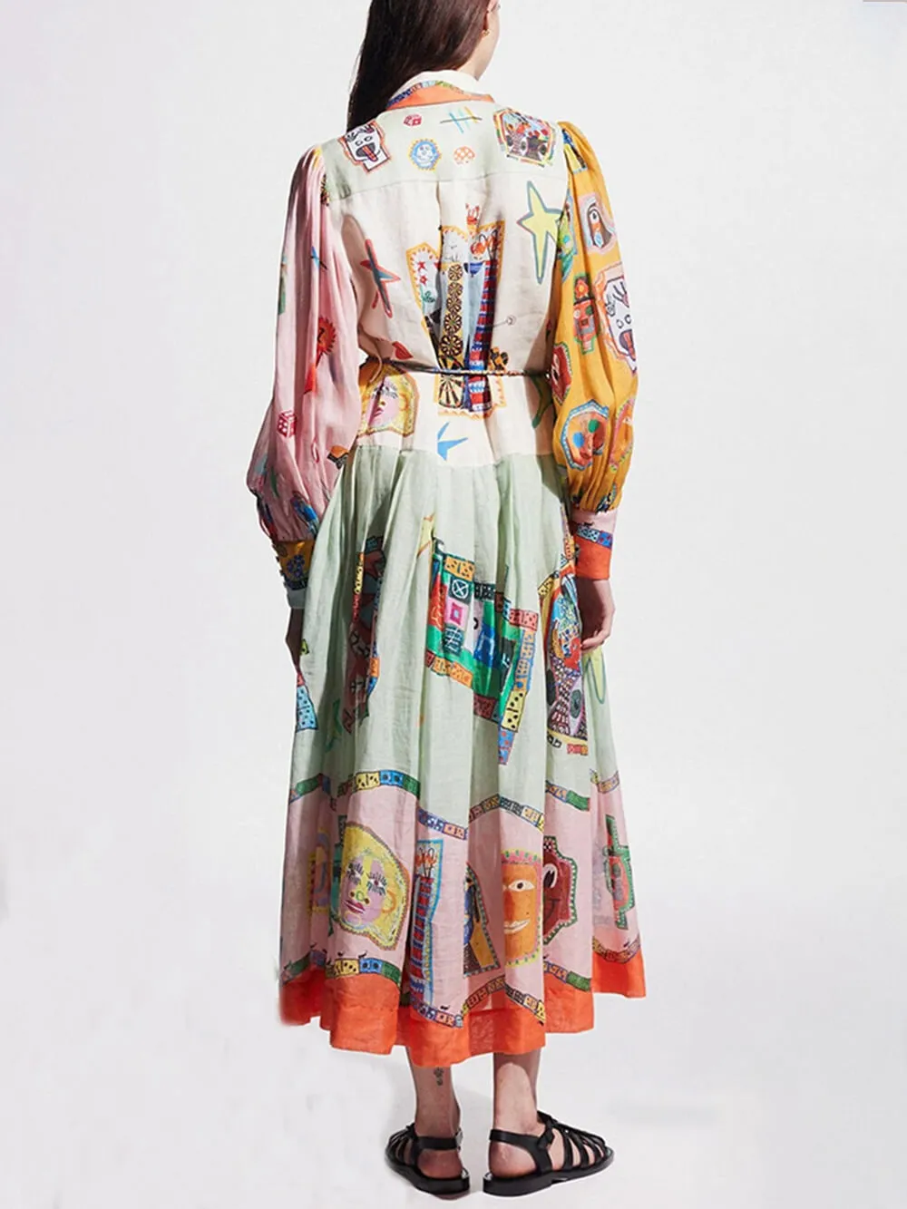 Unique Print Colorblock Balloon Sleeve Belt Shirt Midi Dress