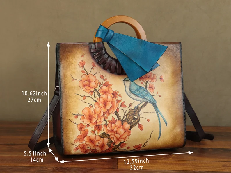 Genuine Leather Handbag for Women Hand Painted Bird Animal Personalized Custom Pattern Handmade Crossbody Bag Shoulder Bag Satchel Purse