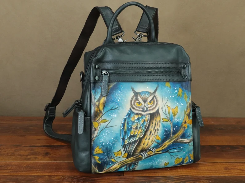 Genuine Leather Backpack Purse for Women Hand Painted Vintage Daypack Knapsack Handmade Rucksack Convertible Shoulder Bag Personalization