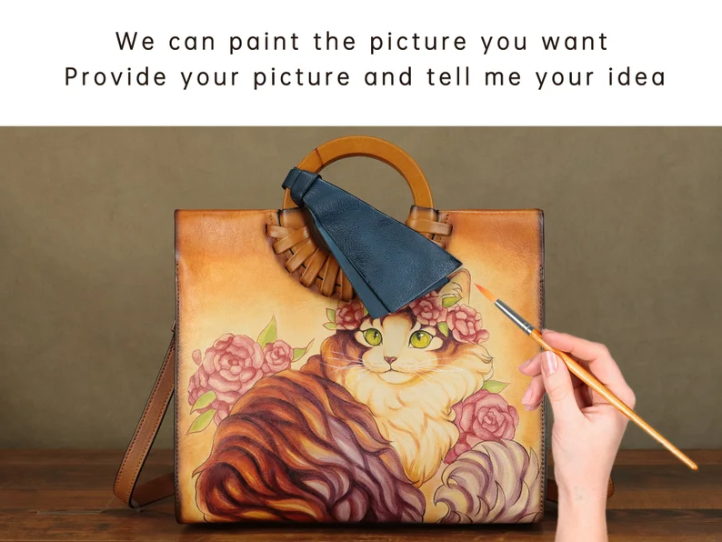 Genuine Leather Handbag for Women Hand Painted Cat Animal Personalized Custom Pattern Handmade Tote Bag Crossbody Shoulder Bag Satchel Purse