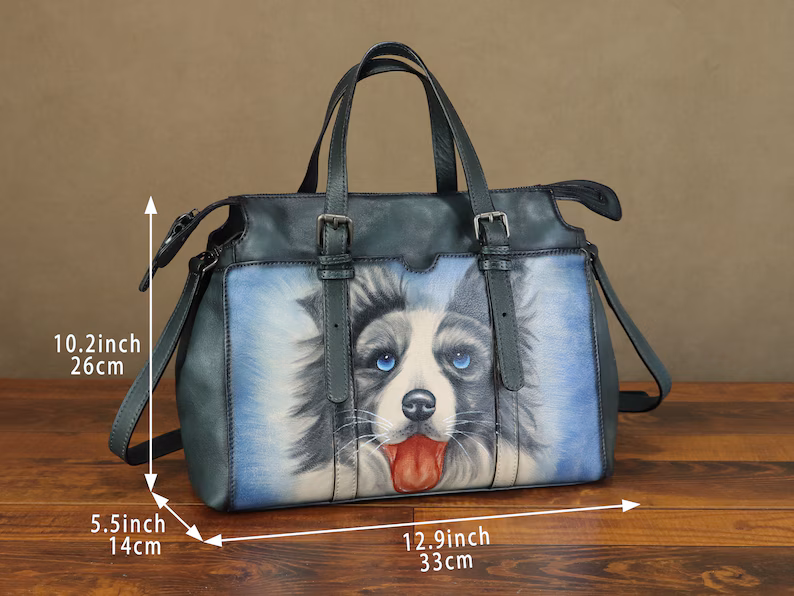 Genuine Leather Shoulder Bag Tote Bag for Women Hand Painted Dog Animal Personalized Custom Pattern Handmade Crossbody Handbag Satchel Purse