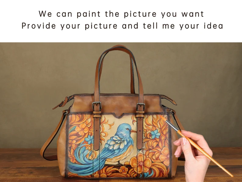 Genuine Leather Shoulder Bag Tote Bag for Women Hand Painted Bird Animal Personalized Custom Pattern Crossbody Handbag Satchel Purse