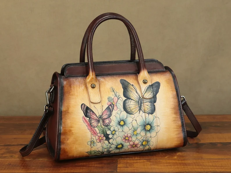 Genuine Leather Shoulder Bag Handbags for Women Hand Painted Butterfly Personalized Custom Pattern Fashion Crossbody Bag Art Satchel Purse
