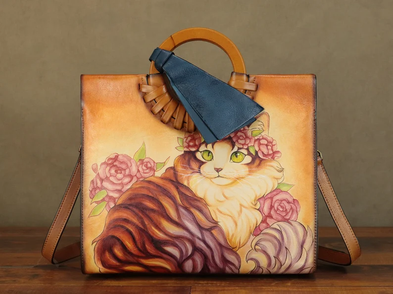 Genuine Leather Handbag for Women Hand Painted Cat Animal Personalized Custom Pattern Handmade Tote Bag Crossbody Shoulder Bag Satchel Purse