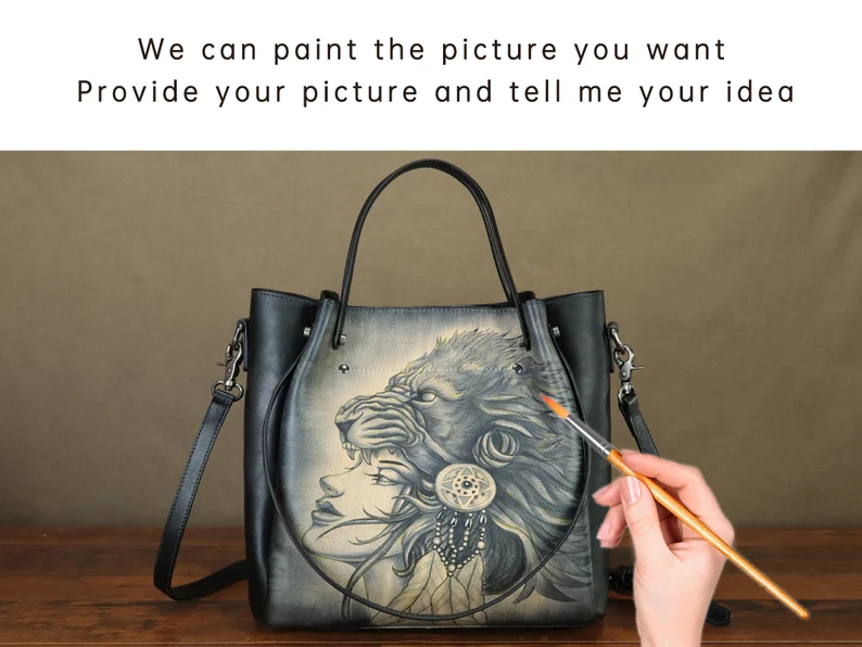 Genuine Leather Handbag Satchel for Women Hand Painted Shoulder Bag Handmade Work Tote Casual Crossbody Purse Personalization Purse