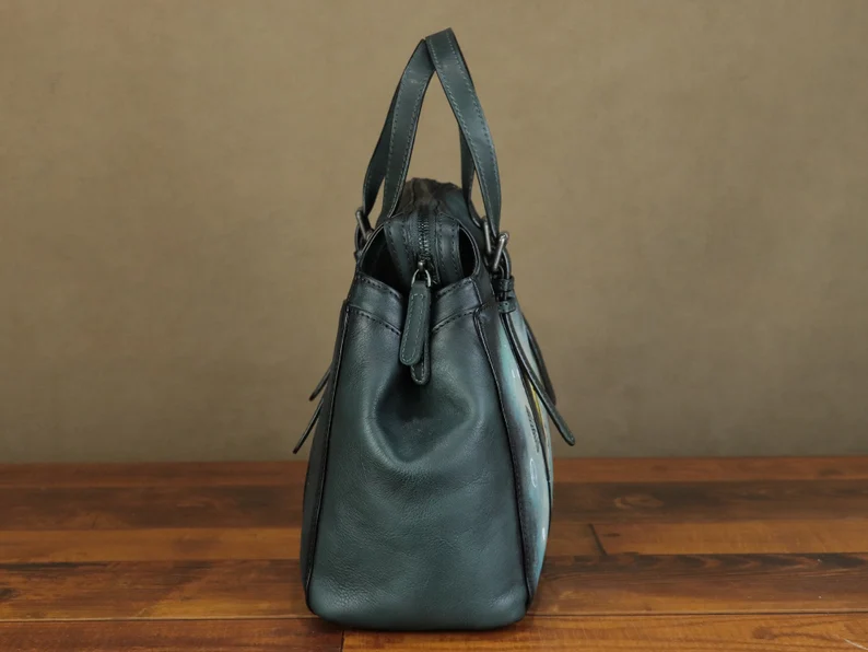 Genuine Leather Shoulder Bag Tote Bag for Women Hand Painted Fish Personalized Custom Pattern Handmade Crossbody Handbag Satchel Purse