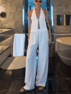 Vacation Style Halterneck Top And Wide-leg Pants Two-piece Set