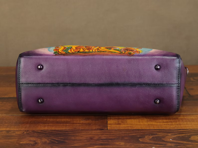 Genuine Leather Handbag for Women Vintage Handmade Hand Painted Mushroom Personalized Custom Pattern Crossbody Shoulder Bag Satchel Purse